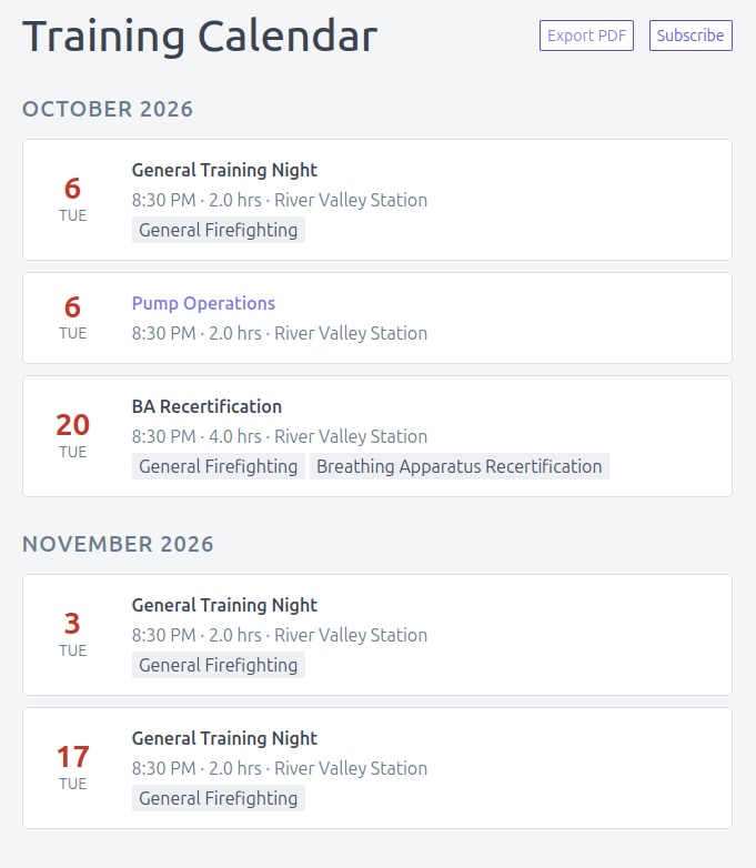 Screenshot: Training calendar