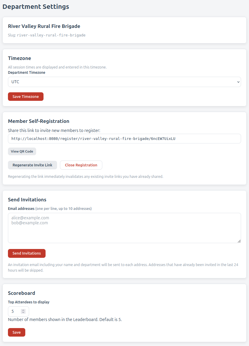 Screenshot: Department Settings page