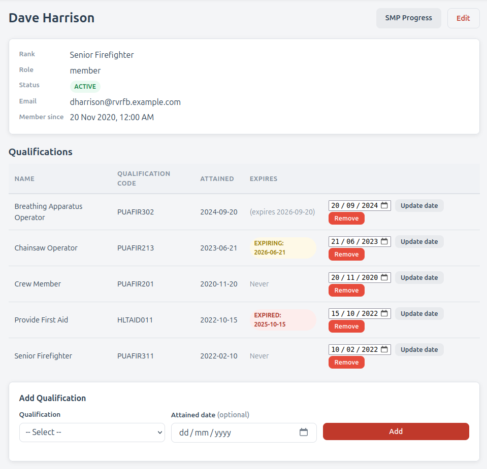 Screenshot: Member detail page with qualifications