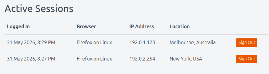 Screenshot: Active Sessions card on My Profile