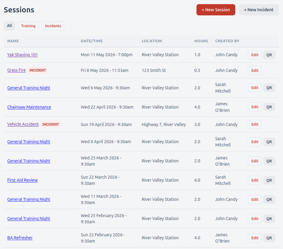 Screenshot: Sessions list with filter bar